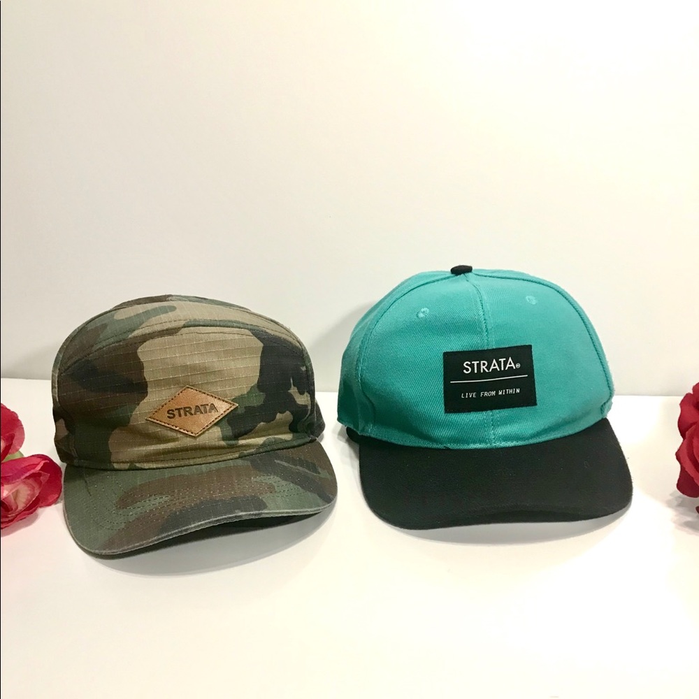 TWO Strata Hats Camo & Teal Corps & Snapback